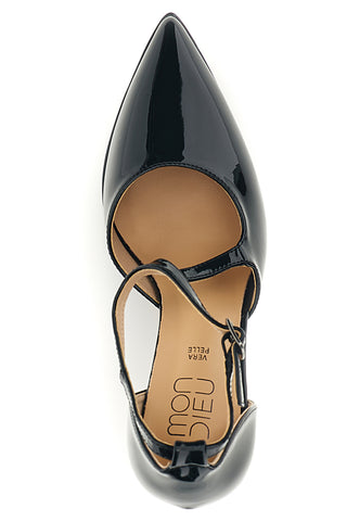Decollete Nera in Effetto Vernice con Cinturino Incrociato e Tacco Svasato Mon dieu 1929H196