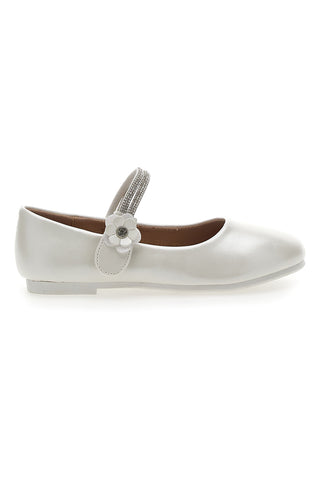 Balerine v biserno beli barvi s kristali in cvetličnim motivom Pitt Kids 392451