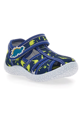 Modri sandali za prve korake z rumenimi dinozavri in zaprto konico  PITT KIDS PK2492D