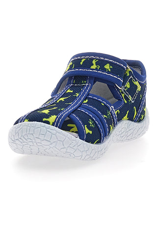 Modri sandali za prve korake z rumenimi dinozavri in zaprto konico  PITT KIDS PK2492D