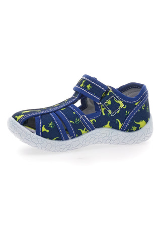 Modri sandali za prve korake z rumenimi dinozavri in zaprto konico  PITT KIDS PK2492D