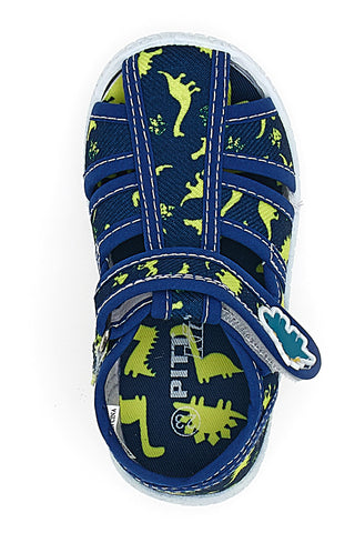 Modri sandali za prve korake z rumenimi dinozavri in zaprto konico  PITT KIDS PK2492D