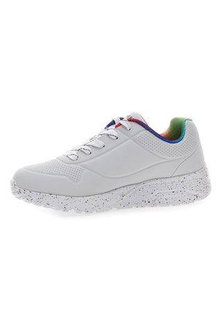 Bele superge z mavričnimi detajli in pikastim podplatom Skechers Uno Lite Rainbow Speckle