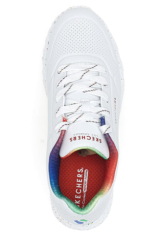Bele superge z mavričnimi detajli in pikastim podplatom Skechers Uno Lite Rainbow Speckle