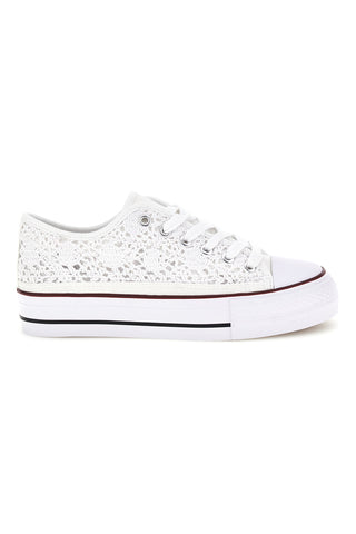Sneakers bianche in tela con trama ricamata traforata con lacci 2T2L 8013