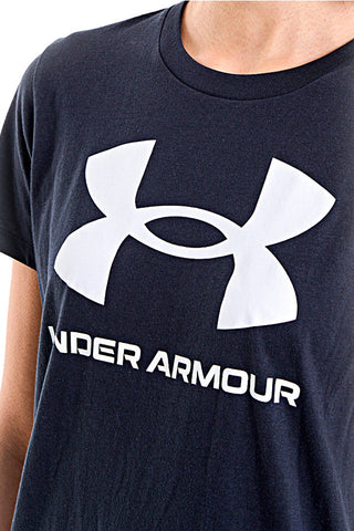 Črna majica z okroglim izrezom in belim logotipom na prsih UNDER ARMOUR RIVAL LOGO SS