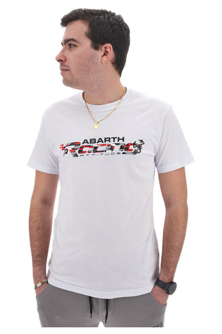 Bela majica z okroglim izrezom in natisnjenim napisom Racing Attitude ABARTH AH24SS081