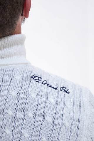 Maglione dolcevita bianco con lavorazione treccia U.S. Grand Polo US52207M