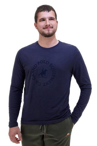 Modra bombažna majica z dolgimi rokavi in logotipom U.S. Grand Polo US52602M