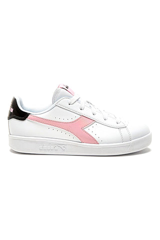 Bele in roza superge z logotipom DIADORA GAME P GS GIRL na strani