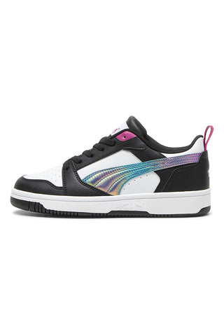 Bele in črne superge z barvnimi stranskimi trakovi Puma Rebound V6 Lo Bouncy Sky Jr