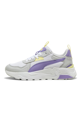 Bele in lila superge z rumenimi vstavki iz mrežastega materiala in IMEVA Puma Trinity Lite Jr