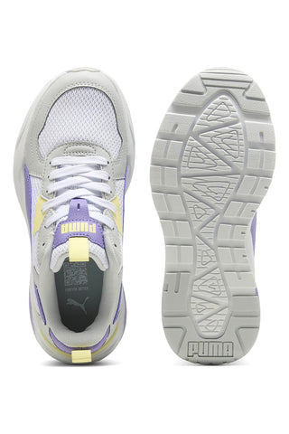 Bele in lila superge z rumenimi vstavki iz mrežastega materiala in IMEVA Puma Trinity Lite Jr