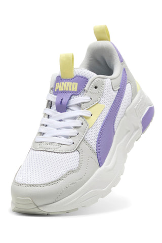Bele in lila superge z rumenimi vstavki iz mrežastega materiala in IMEVA Puma Trinity Lite Jr