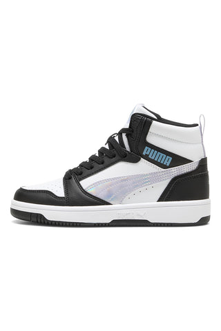 Visoke črno-bele superge z mavričnimi detajli Puma Rebound V6 Mid Space Belle Jr