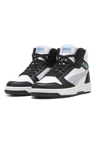 Visoke črno-bele superge z mavričnimi detajli Puma Rebound V6 Mid Space Belle Jr
