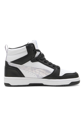 Visoke črno-bele superge z mavričnimi detajli Puma Rebound V6 Mid Space Belle Jr