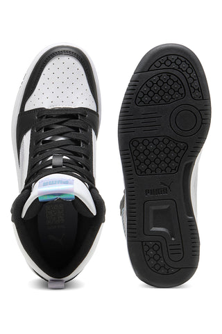 Visoke črno-bele superge z mavričnimi detajli Puma Rebound V6 Mid Space Belle Jr