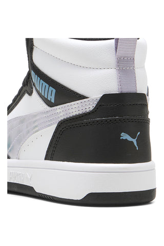 Visoke črno-bele superge z mavričnimi detajli Puma Rebound V6 Mid Space Belle Jr