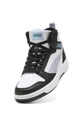 Visoke črno-bele superge z mavričnimi detajli Puma Rebound V6 Mid Space Belle Jr