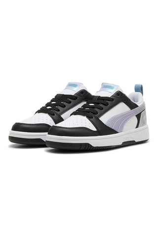 Nizke črno-bele in lila superge z iridescentnimi detajli Puma Rebound V6 Lo Space Belle Jr