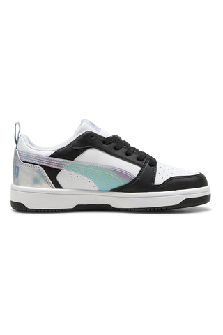 Nizke črno-bele in lila superge z iridescentnimi detajli Puma Rebound V6 Lo Space Belle Jr