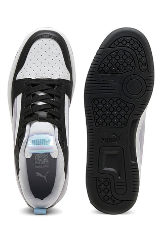 Nizke črno-bele in lila superge z iridescentnimi detajli Puma Rebound V6 Lo Space Belle Jr