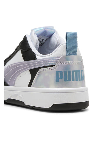 Nizke črno-bele in lila superge z iridescentnimi detajli Puma Rebound V6 Lo Space Belle Jr