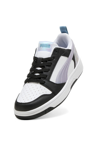 Nizke črno-bele in lila superge z iridescentnimi detajli Puma Rebound V6 Lo Space Belle Jr