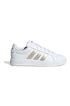 Bele superge z zlatimi črtami iz recikliranega sintetičnega usnja Adidas Grand Court Base 3.0