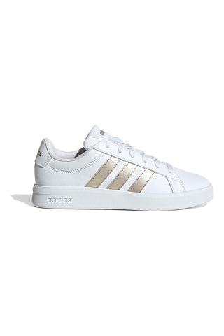 Bele superge z zlatimi črtami iz recikliranega sintetičnega usnja Adidas Grand Court Base 3.0