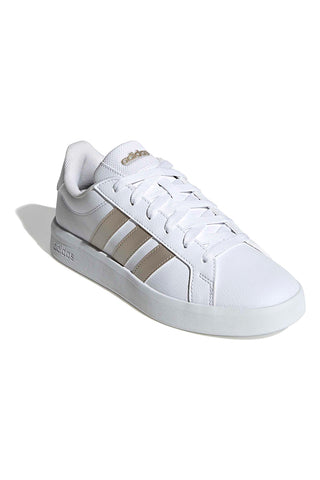 Bele superge z zlatimi črtami iz recikliranega sintetičnega usnja Adidas Grand Court Base 3.0