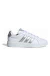 Bele superge s srebrnimi črtami iz sintetičnega usnja Adidas Grand Court 3 J