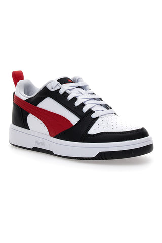 Bele superge z rdečo vrvico na strani Puma Rebound V6 LO JR
