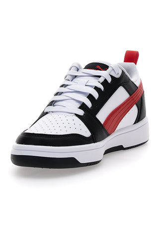 Bele superge z rdečo vrvico na strani Puma Rebound V6 LO JR