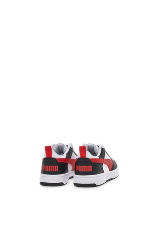 Bele superge z rdečo vrvico na strani Puma Rebound V6 LO JR