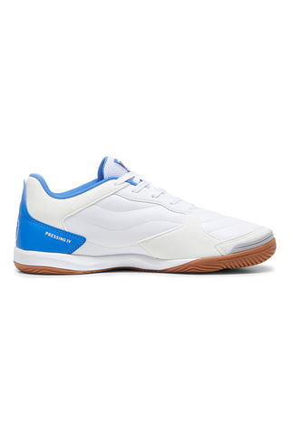 Bele nogometne čevlje z črnimi in modrimi detajli Puma Pressing IV