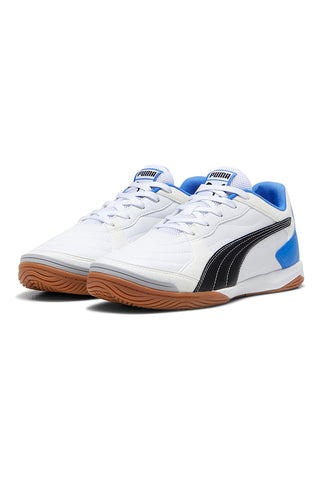 Bele nogometne čevlje z črnimi in modrimi detajli Puma Pressing IV