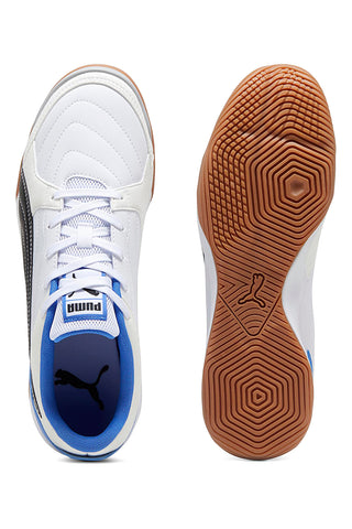 Bele nogometne čevlje z črnimi in modrimi detajli Puma Pressing IV