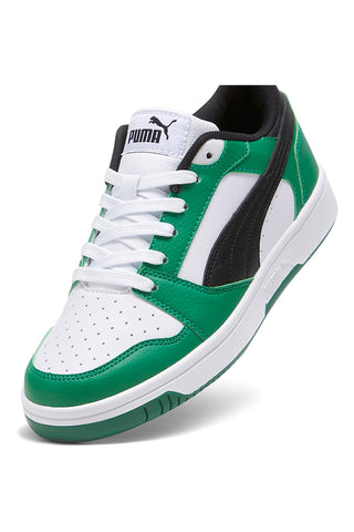 Zelene in bele superge z črnim logotipom Puma Rebound V6 Lo Jr