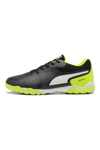 Črni in rumeni fluorescenčni nogometni čevlji iz sintetičnega materiala Puma Truco III TT