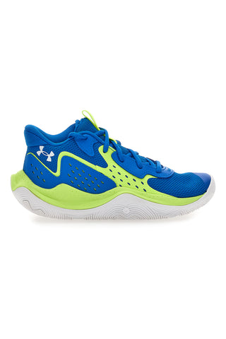 Modri in limetno zeleni dihalni košarkarski čevlji Under Armour UA GS JET '23