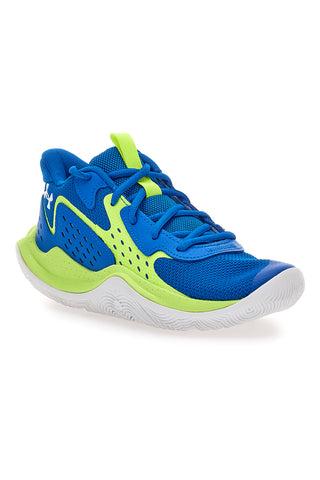 Modri in limetno zeleni dihalni košarkarski čevlji Under Armour UA GS JET '23