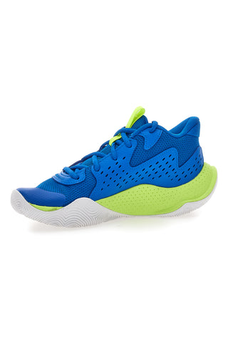 Modri in limetno zeleni dihalni košarkarski čevlji Under Armour UA GS JET '23