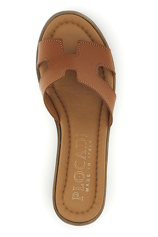 Ciabatte cuoio mules con fascia traforata e tacco effetto legno Made in Italy Plocadi 046525