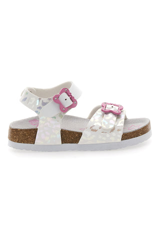 Bele sandale z leopardjim vzorcem in rožnatimi zaponkami Pitt Kids 14505