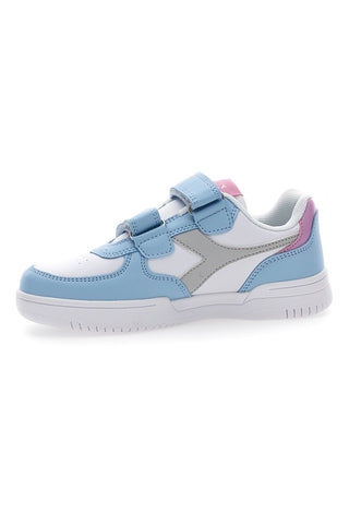 Bele in svetlo modre superge z sivim logotipom Diadora Raptor Low Ps