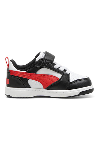 Črno-bele otroške superge z rdečimi detajli Puma Rebound V6 Lo AC+ Inf