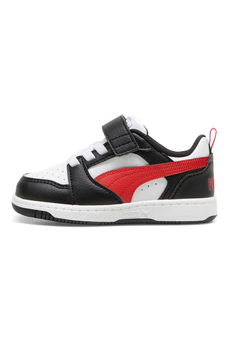 Črno-bele otroške superge z rdečimi detajli Puma Rebound V6 Lo AC+ Inf
