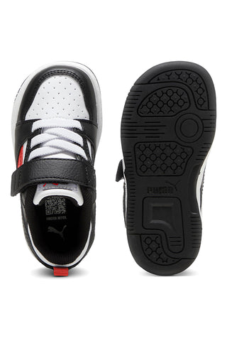 Črno-bele otroške superge z rdečimi detajli Puma Rebound V6 Lo AC+ Inf